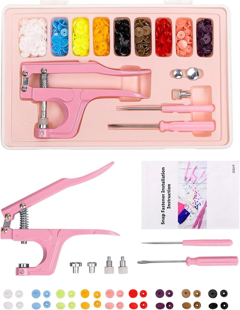 LBTEE Plastic Snap Fastener Kit with Plier Screwdriver Awl and Storage Case, 100 Sets Snaps, 9 Colors T5 Buttons, 12mm Cap. Snap Plier for T3(10mm), T5(12mm), T8(15mm) Buttons, Pink - Image 2